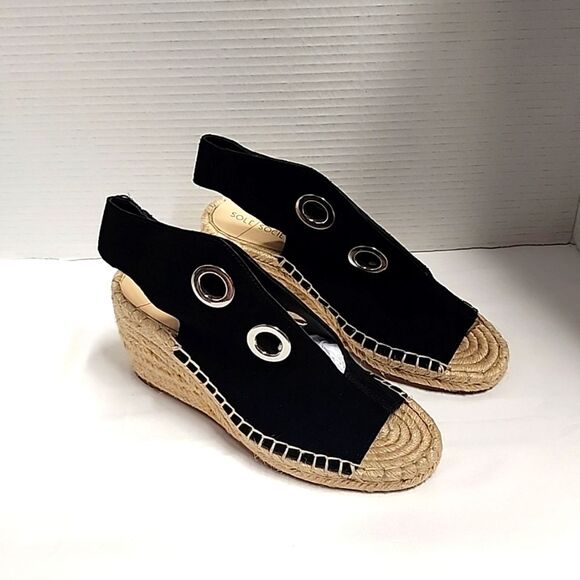 Sole Society Cambrine Black with wedged heel size 7 sandals partial leather - Picture 1 of 11